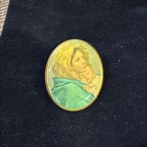 Vintage Religious Pin with Gold and Green Accents